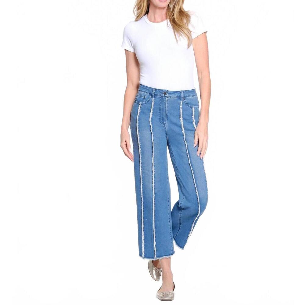 NEW MULTIPLES fringe-seamed denim crop jeans in medium indigo